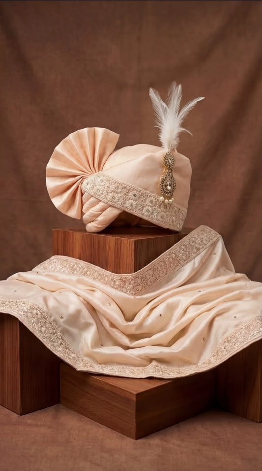 Champagne Beige Groom Safa with Hand-Embroidered Dupatta