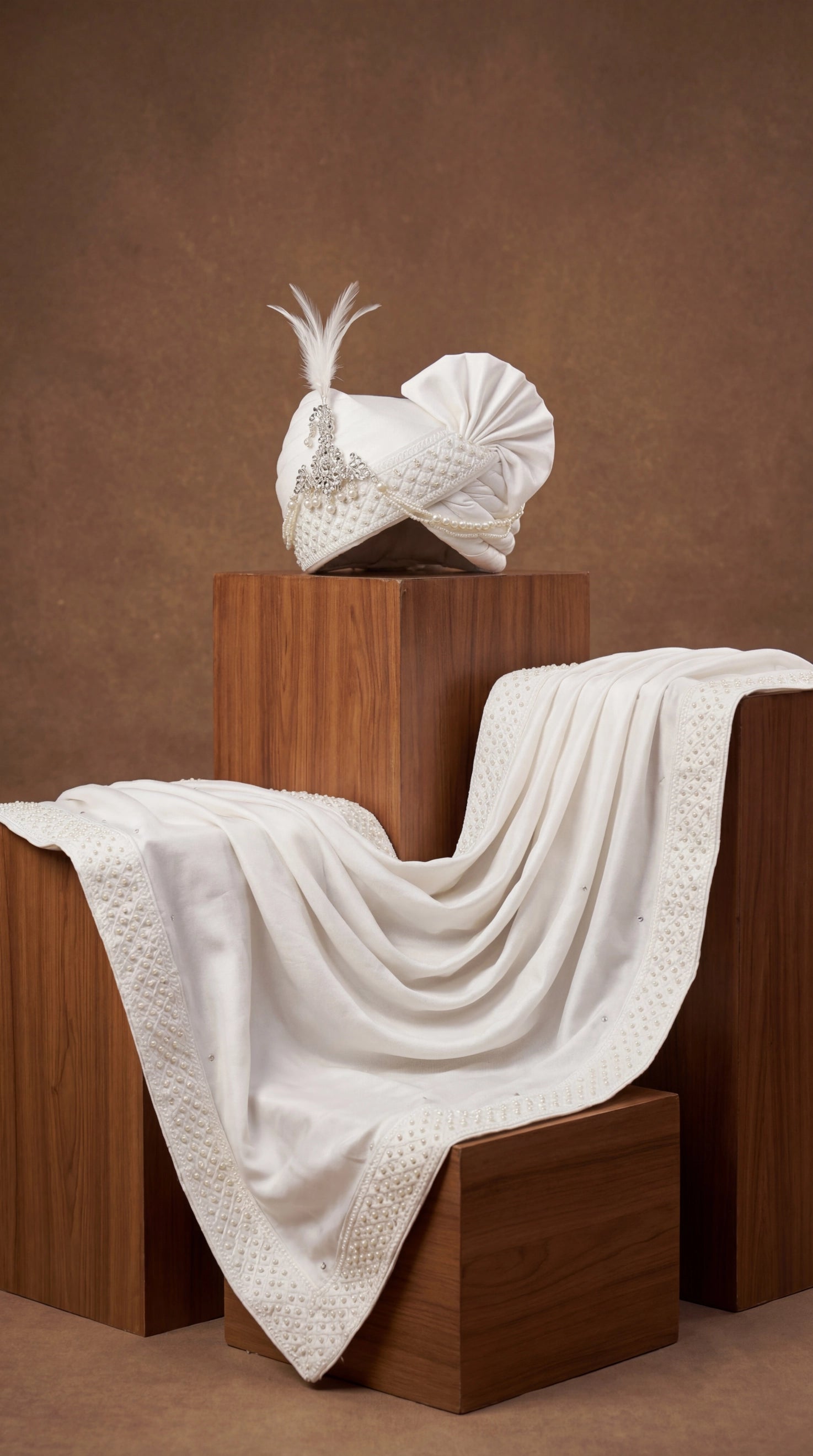 White Pearl-Embellished Groom Safa with Feather Accent