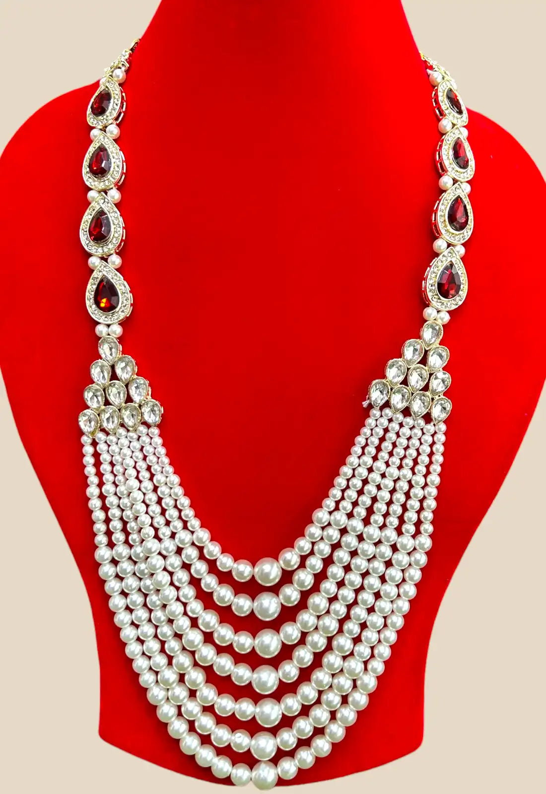 Pearl Multistrand Necklace with Ruby Teardrop Stone Accents