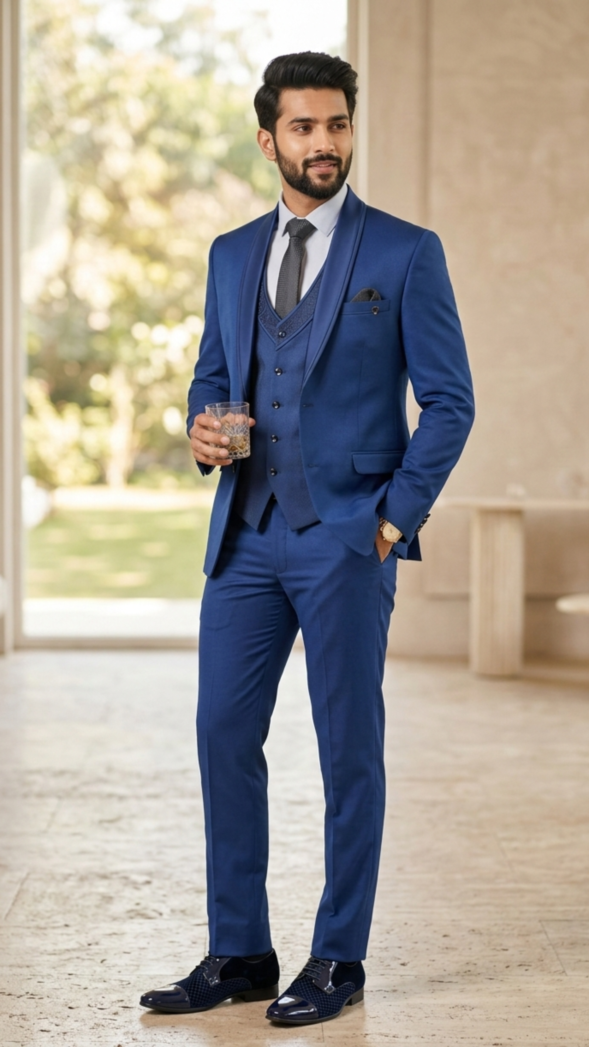 Man in a blue suit standing in a well-lit room with large windows.