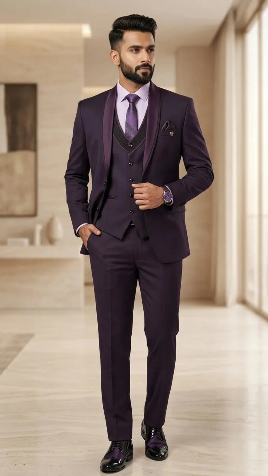 Man wearing a purple suit in a modern room