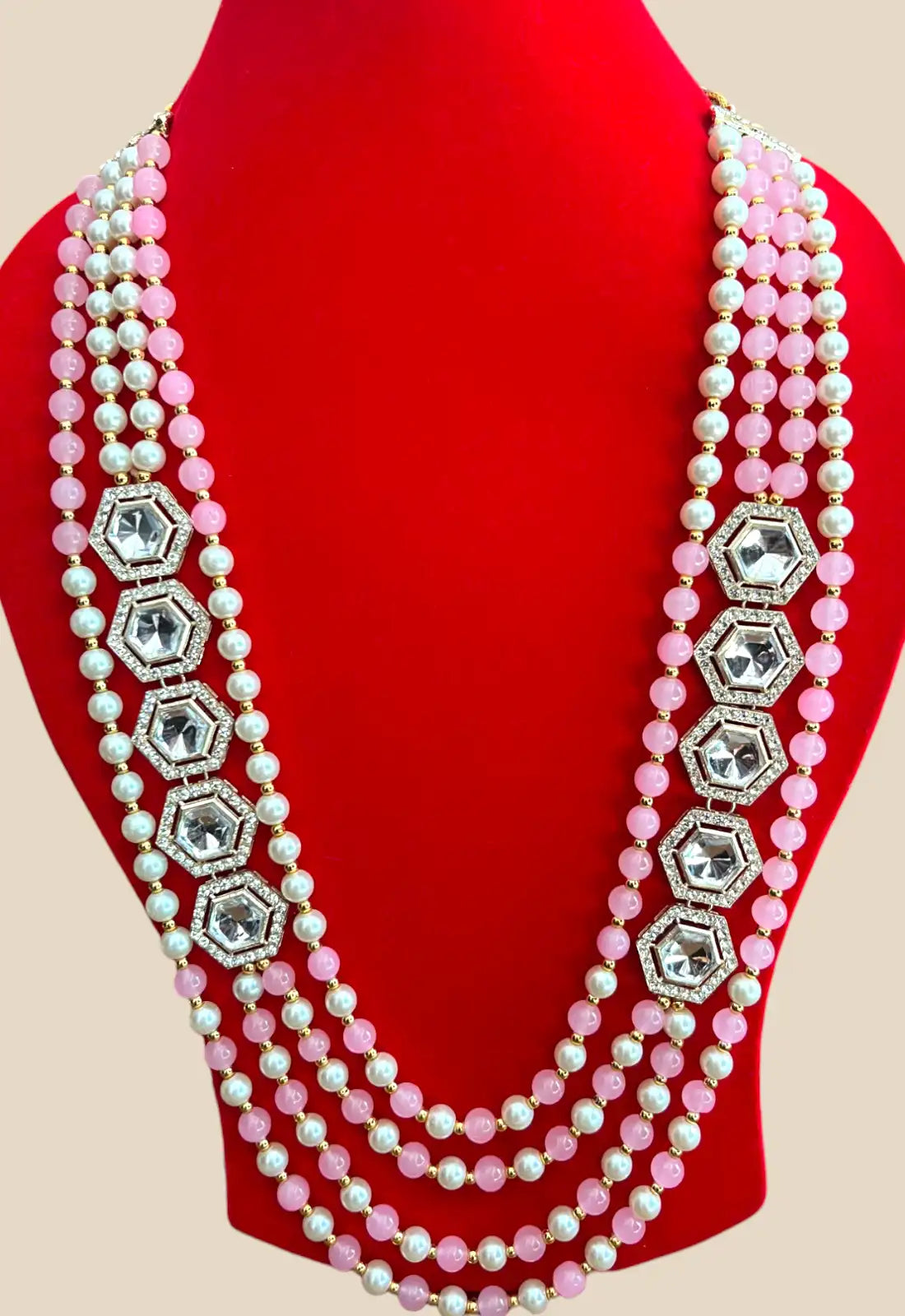 Pearl & Pink Bead Necklace with Hexagonal Polki Stones