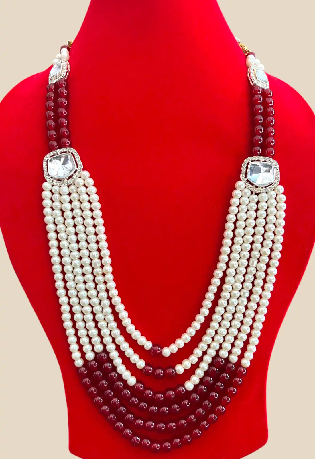 Maroon Bead & Pearl Multilayer Necklace with Polki Square Accents