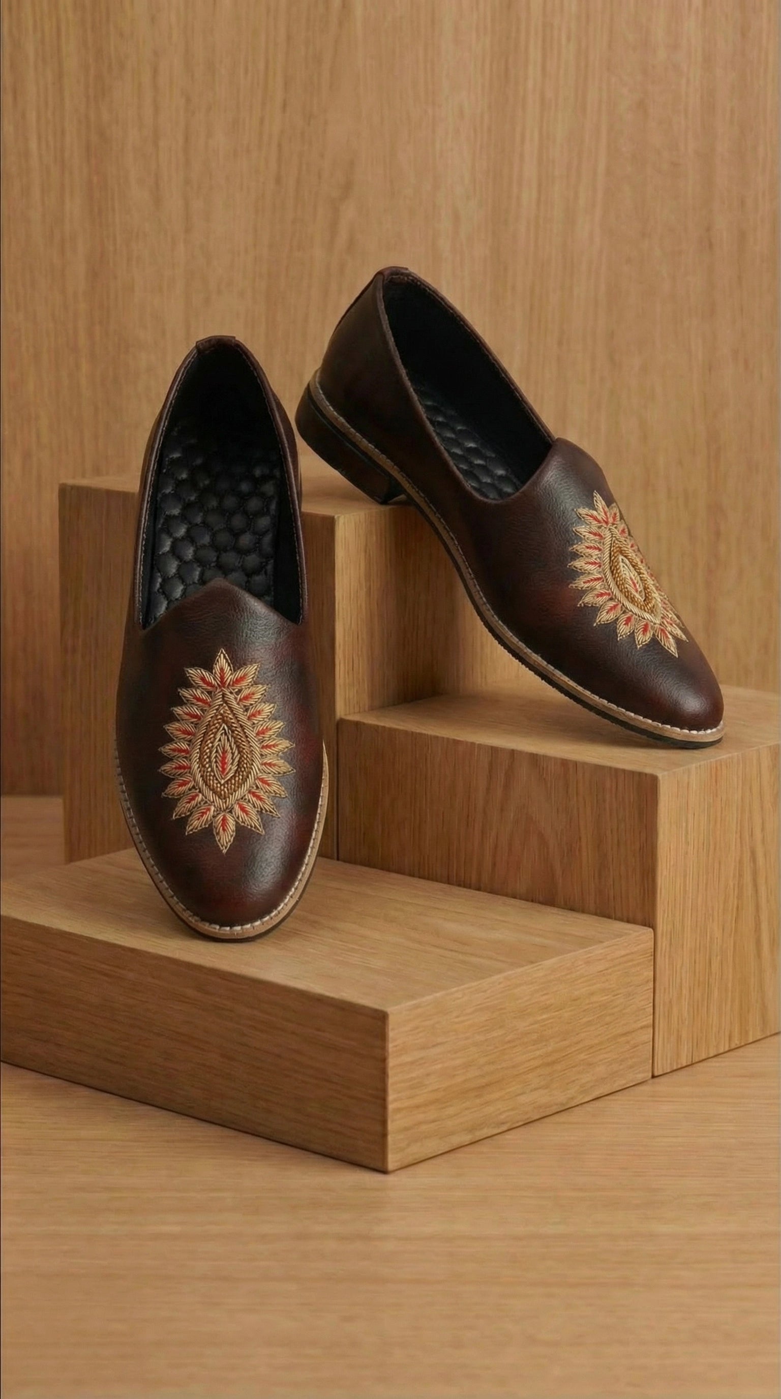 Dark Brown Leather Mojdi Shoes for Men | Hand-Embroidered Festive Footwear – Dresswala NX