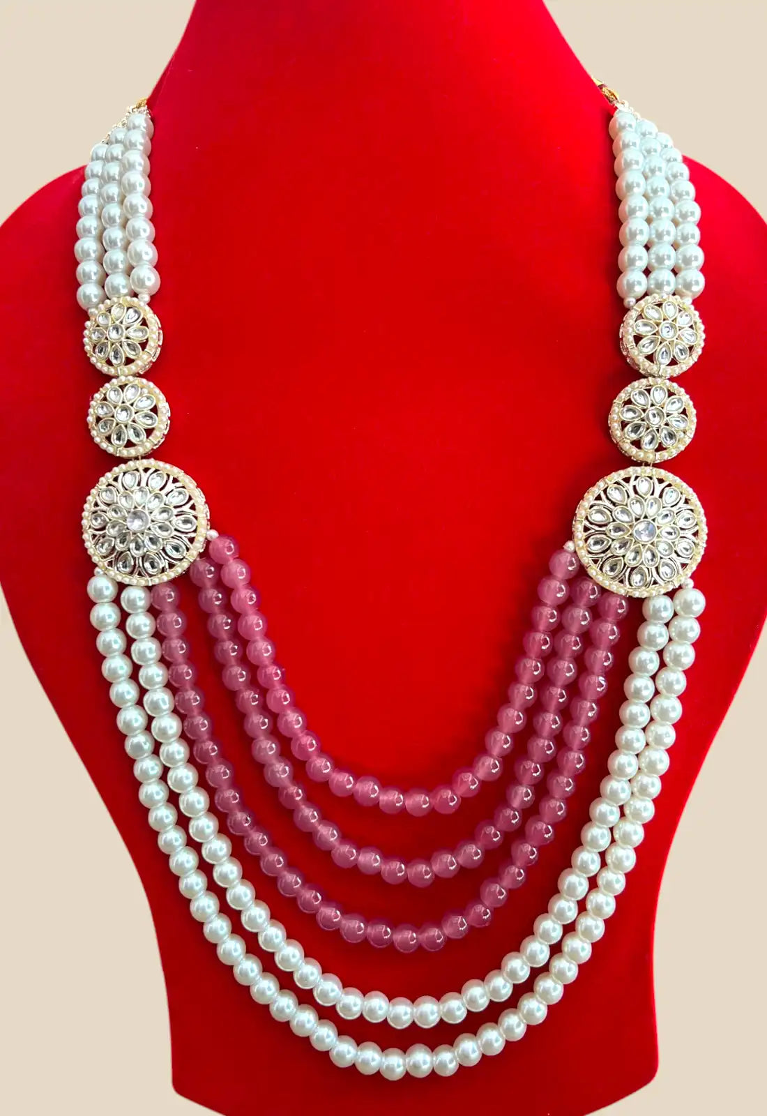 Pearl & Mauve Bead Necklace with Antique Floral Medallions