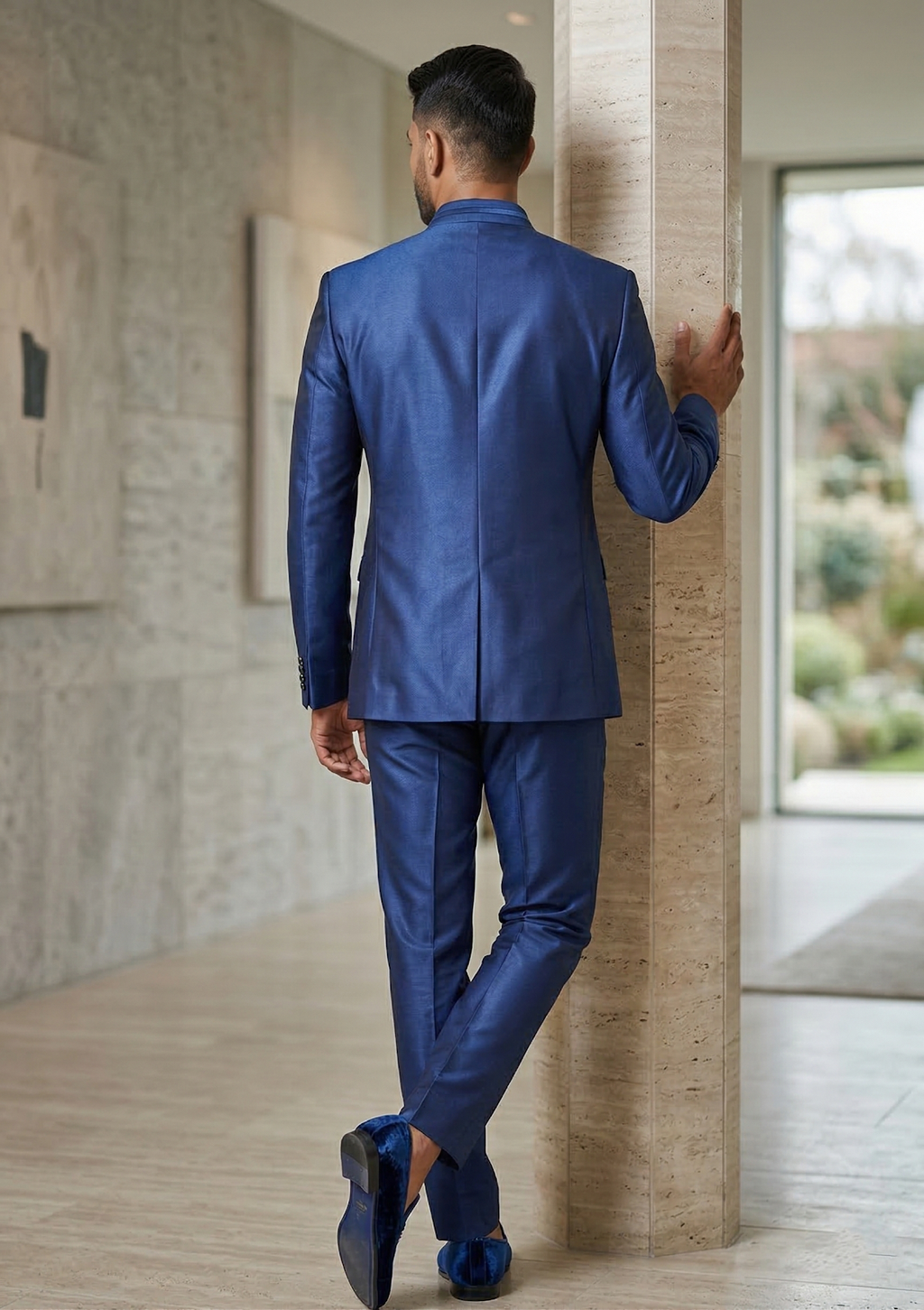 Royal Blue Silk-Finish Jodhpuri Suit – Modern Bandhgala with Designer Pocket Square