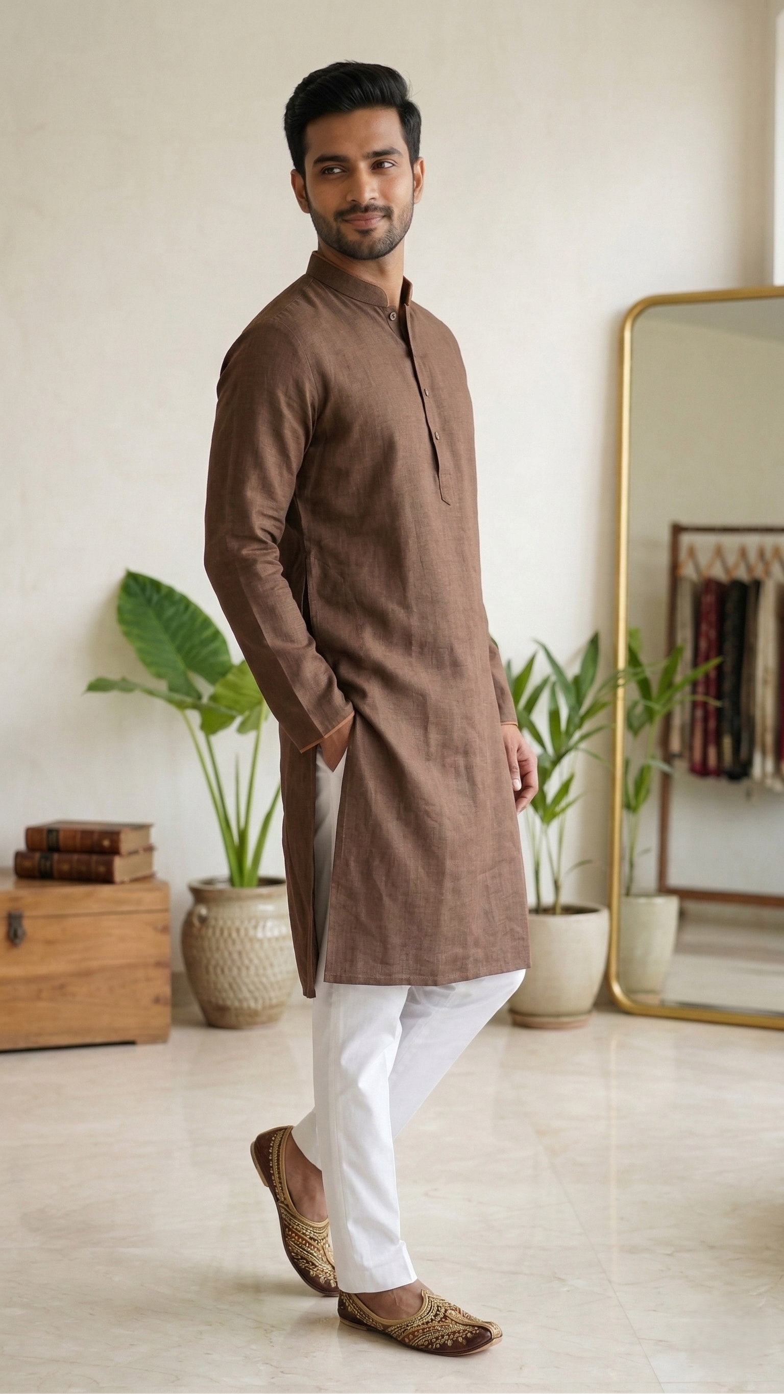 Men’s Coffee Brown Linen Kurta | Contemporary Ethnic Wear – Dresswala NX