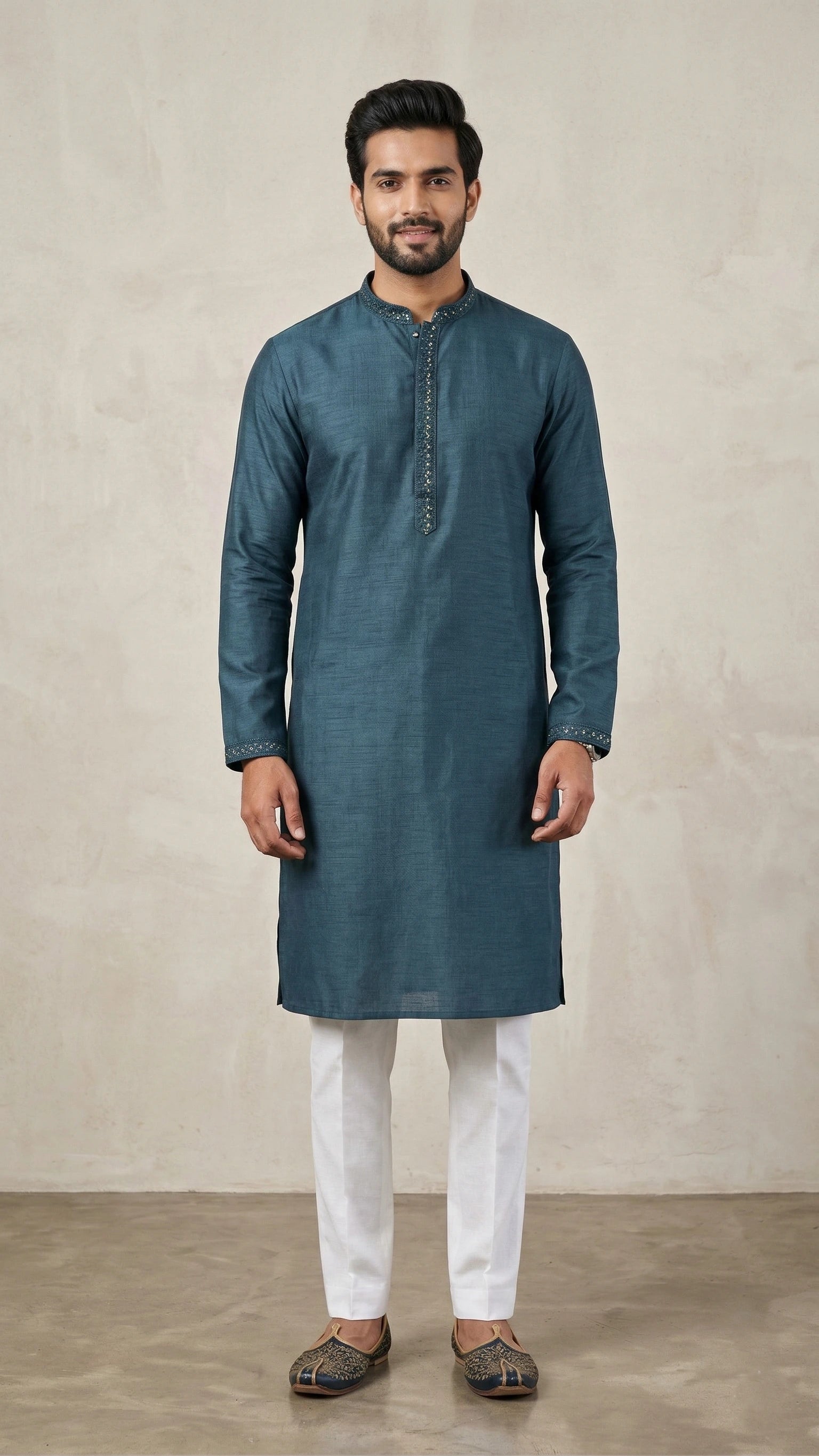 Teal Blue Kurta for Men with Embroidered Placket | Dresswala NX