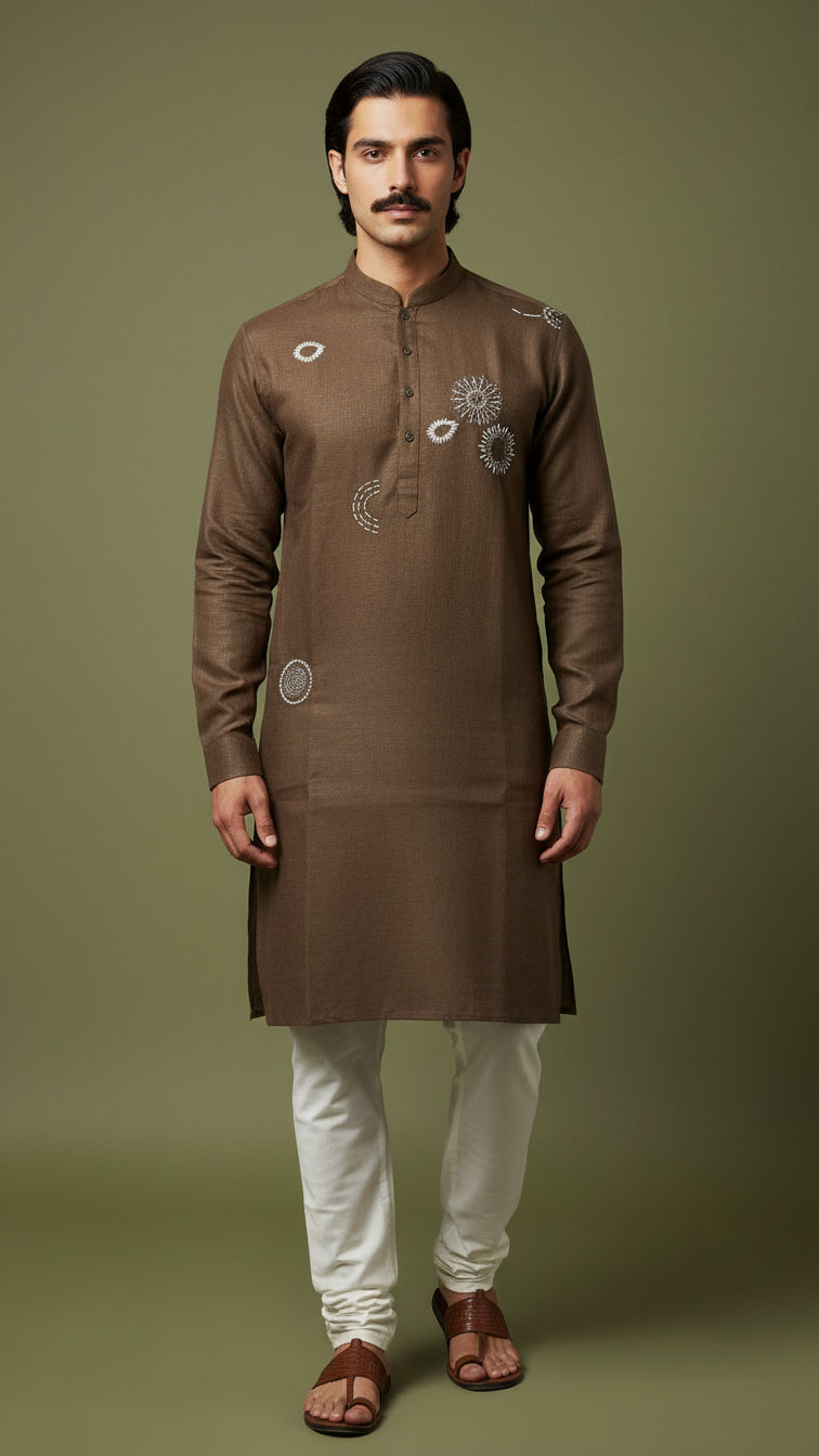 Men’s Brown Linen Kurta | Minimal Embroidered Festive Wear – Dresswala NX