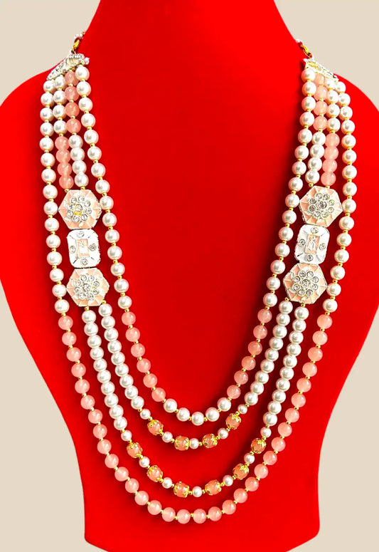 Elegant Multilayer Pearl & Pink Bead Necklace with Kundan Accents
