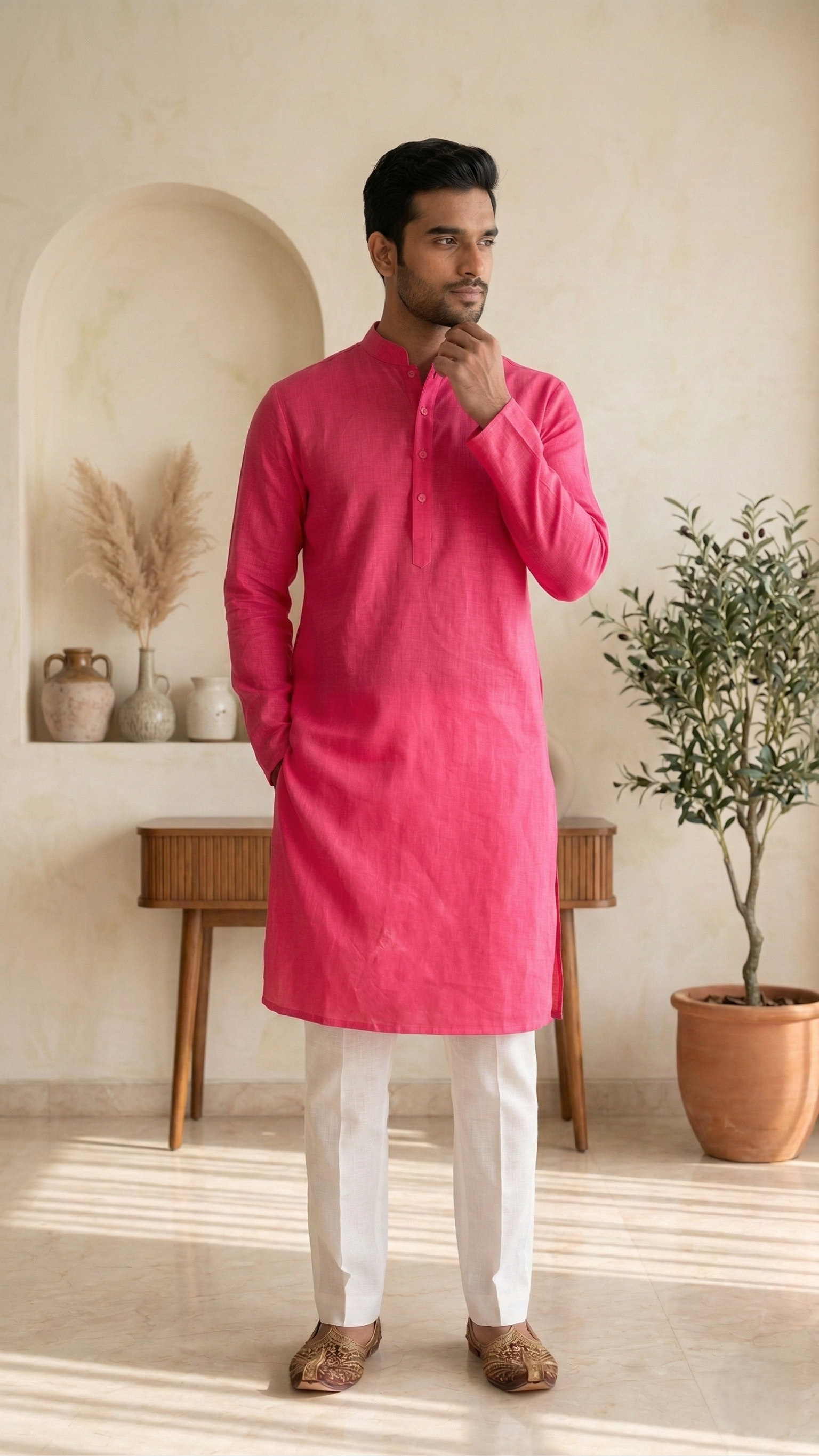 Hot Pink Linen Kurta