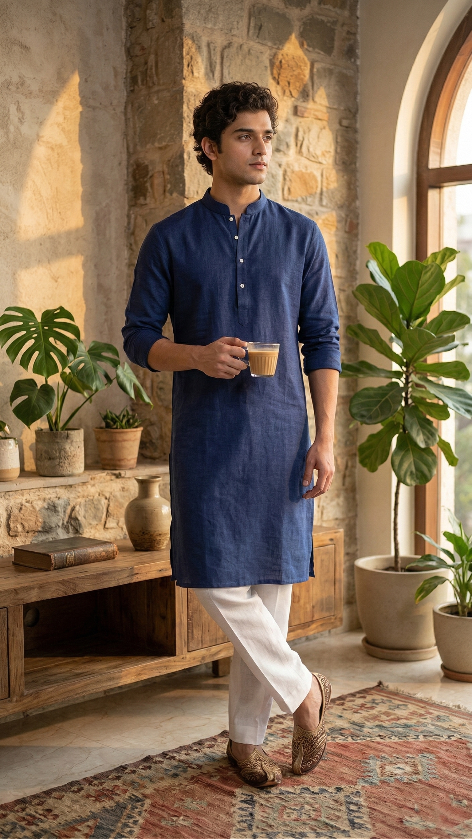 Navy Blue Linen Kurta