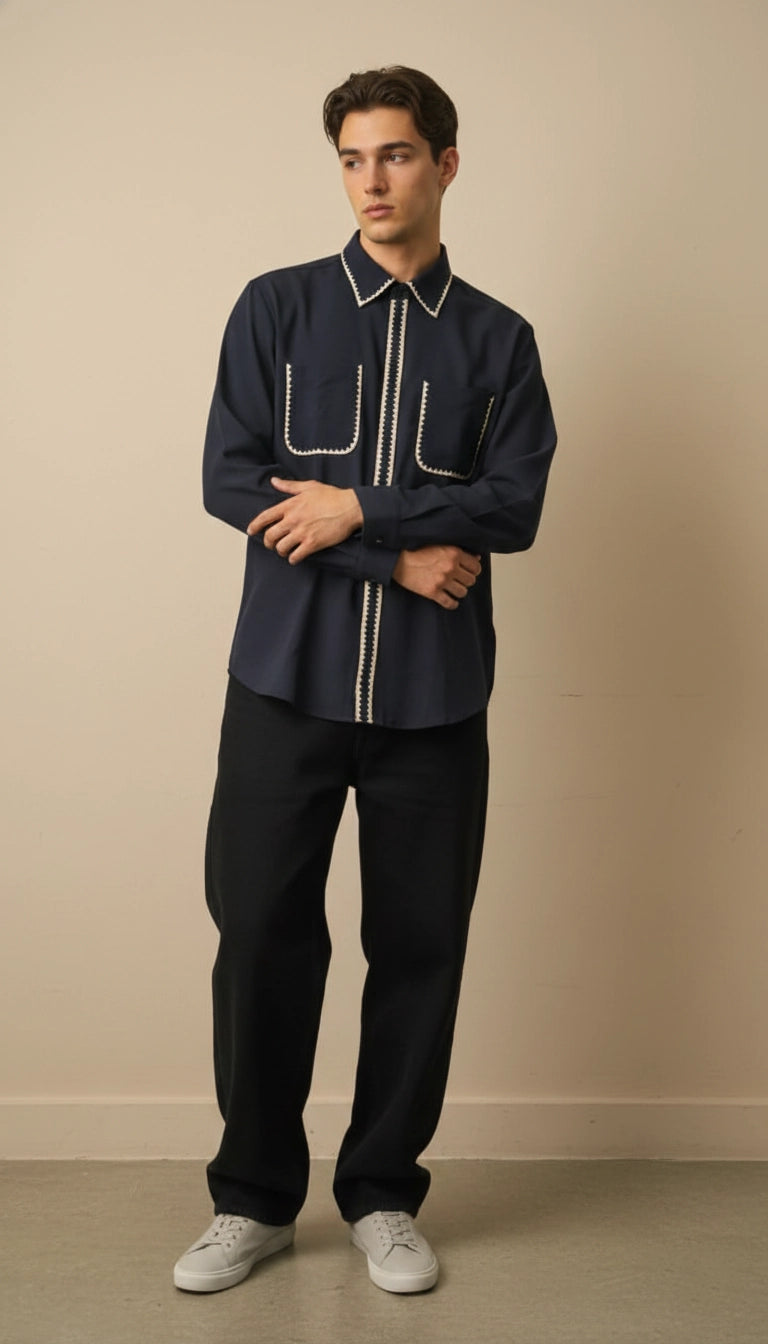 Navy Blue Mandarin Collar Shirt with Contrast Piping | Dresswala NX