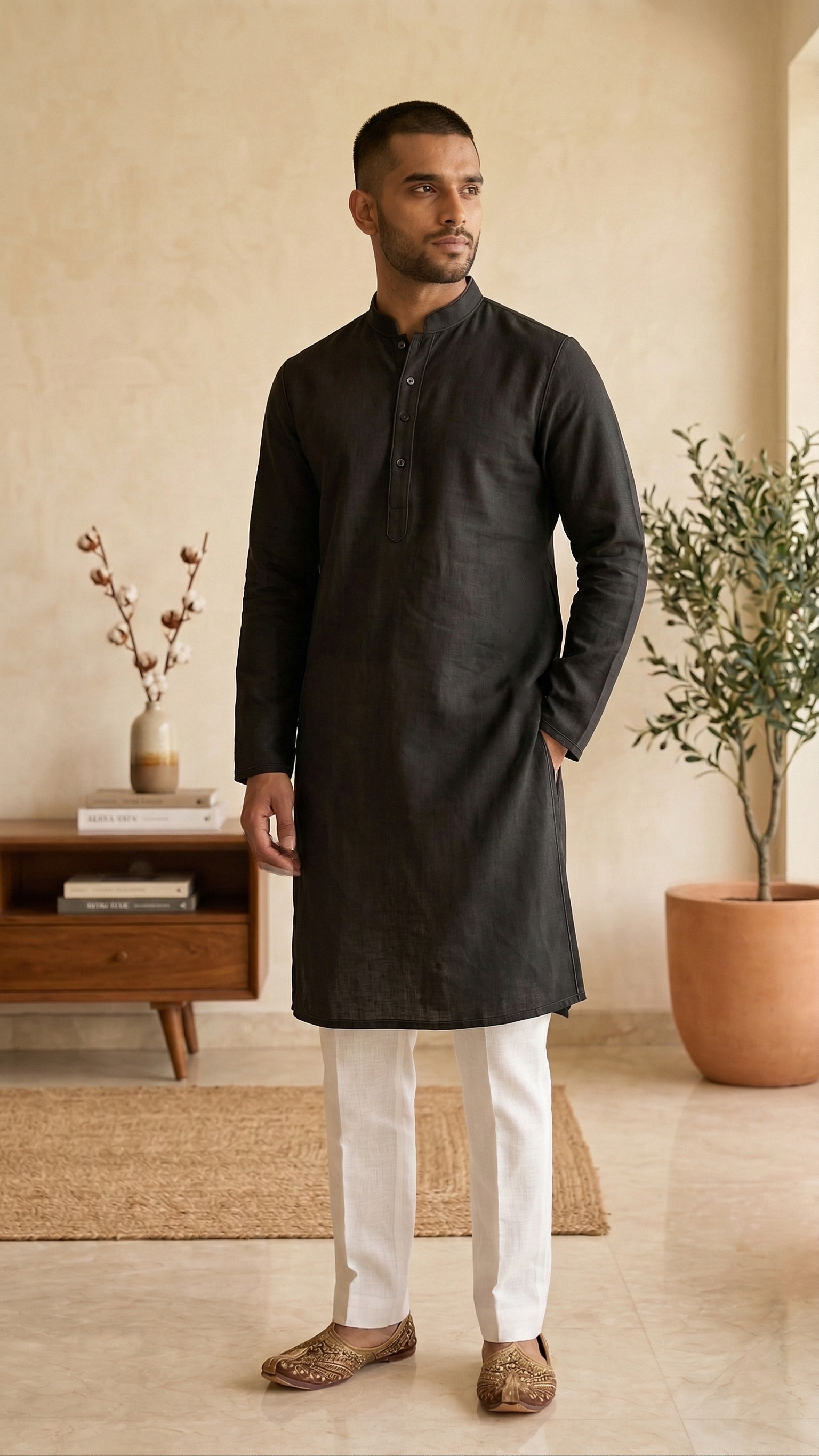 Men’s Black Linen Kurta | Contemporary Ethnic Wear – Dresswala NX