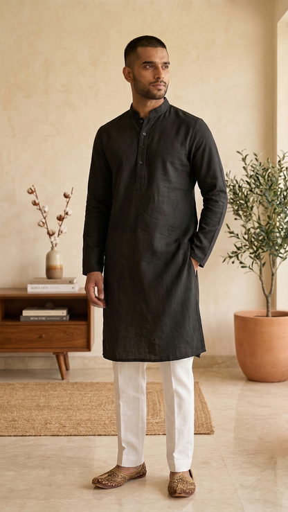 Men’s Black Linen Kurta | Contemporary Ethnic Wear – Dresswala NX