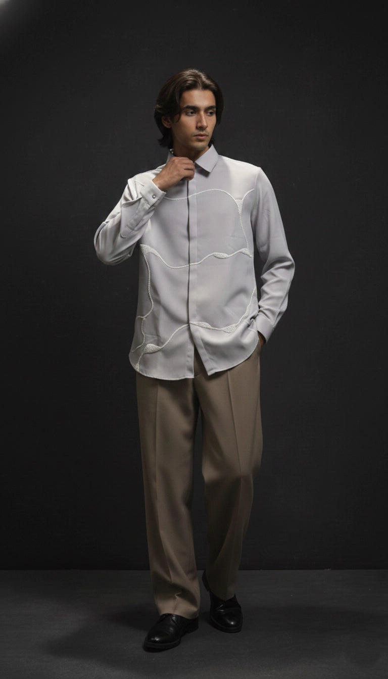 White Club-Wear Shirt with Abstract Textured Cord Design | Dresswala NX