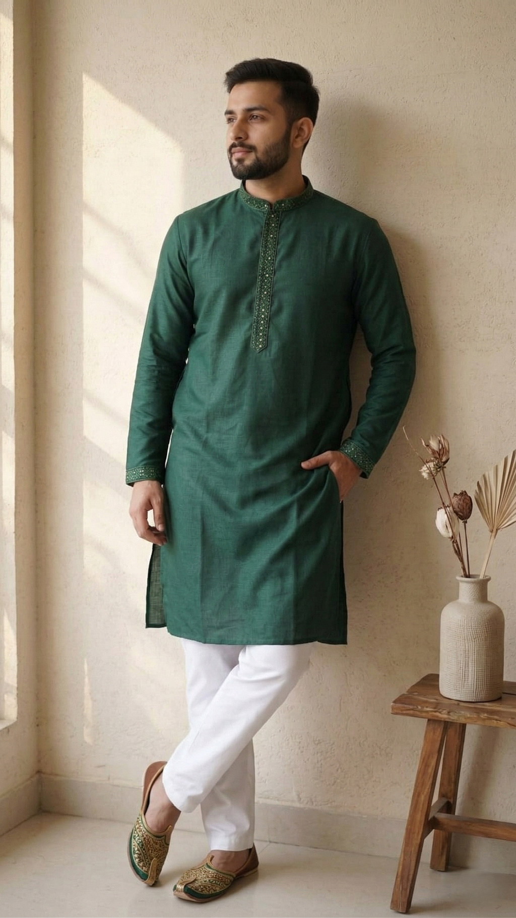 Men's Emerald Green Hand-Embroidered Cotton Kurta Set