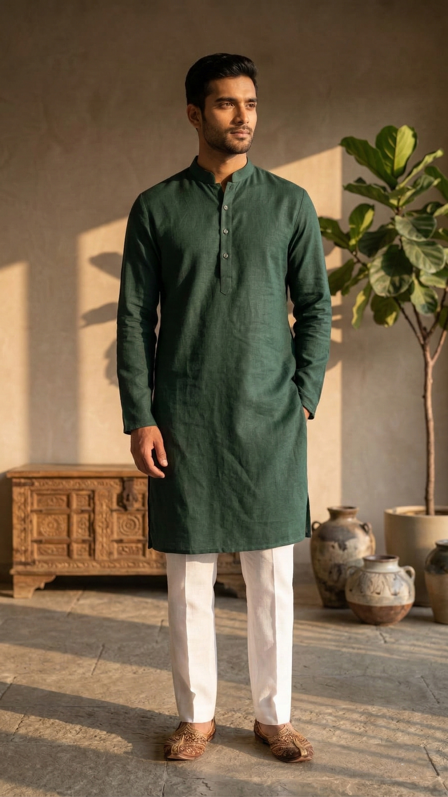 Dark Green Linen Kurta