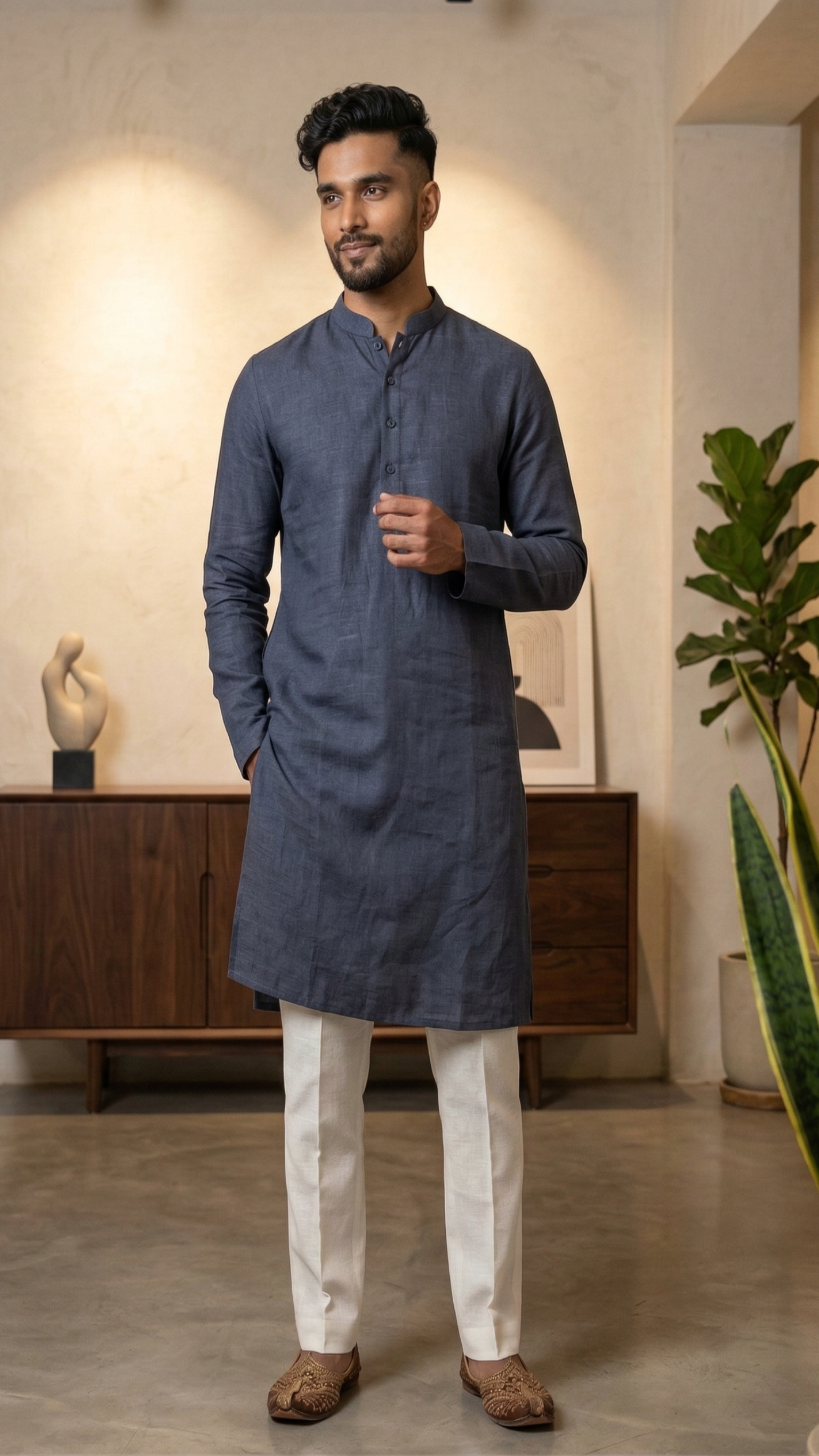 Men’s Gunmetal Blue Linen Kurta | Contemporary Ethnic Wear – Dresswala NX
