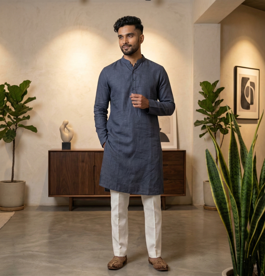 Men’s Charcoal Black Linen Kurta | Contemporary Ethnic Wear – Dresswala NX