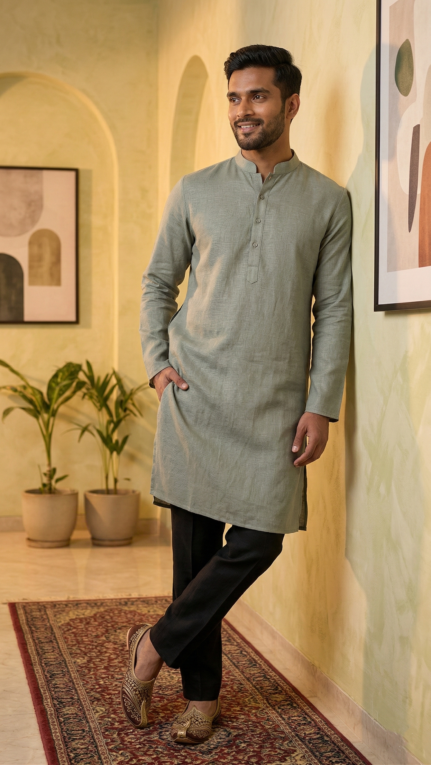 Men’s Sage Green Linen Kurta | Contemporary Ethnic Wear – Dresswala NX
