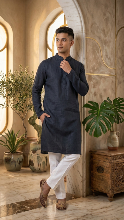 Charcoal Grey Linen Kurta