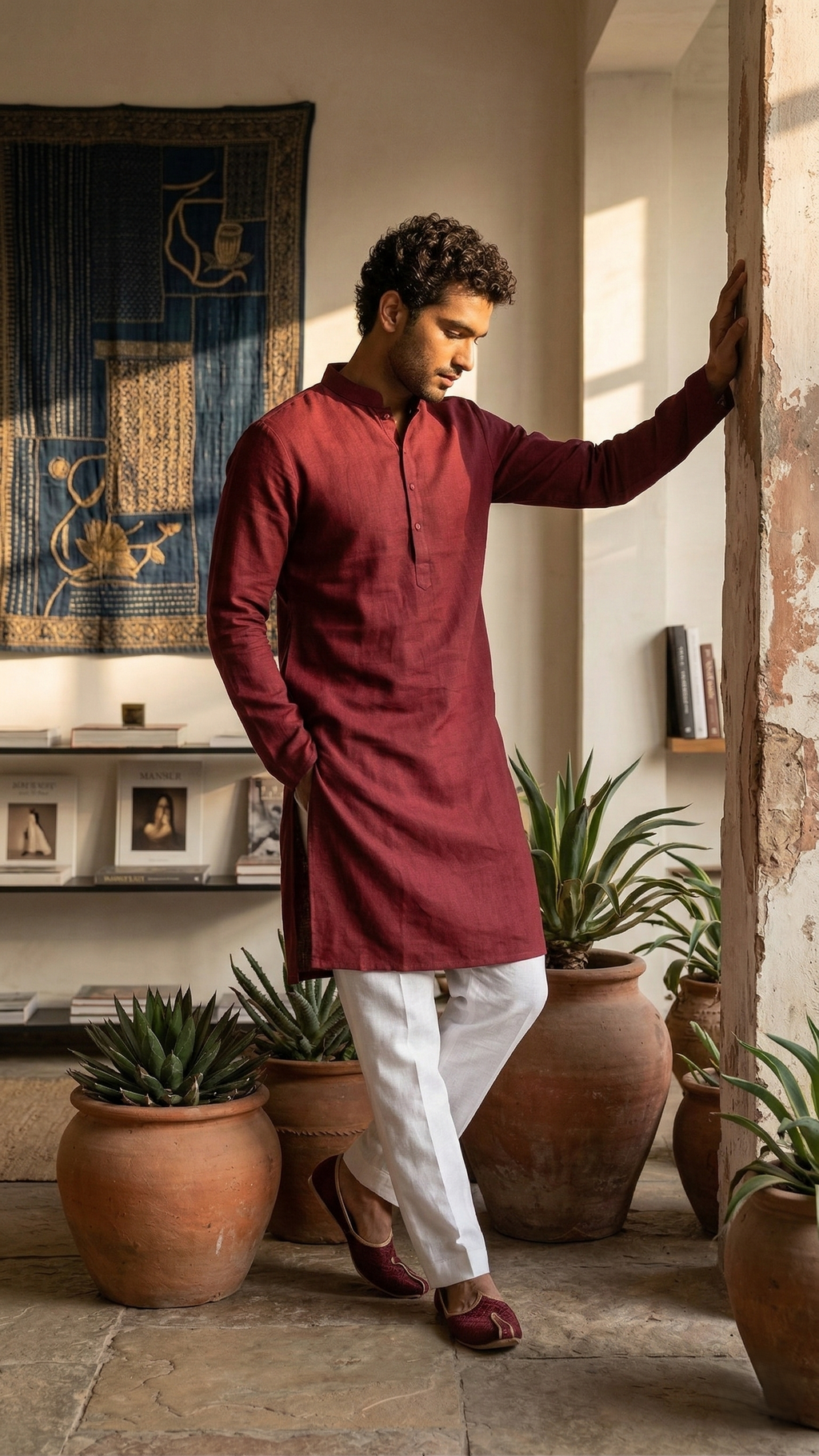 Maroon Linen Kurta