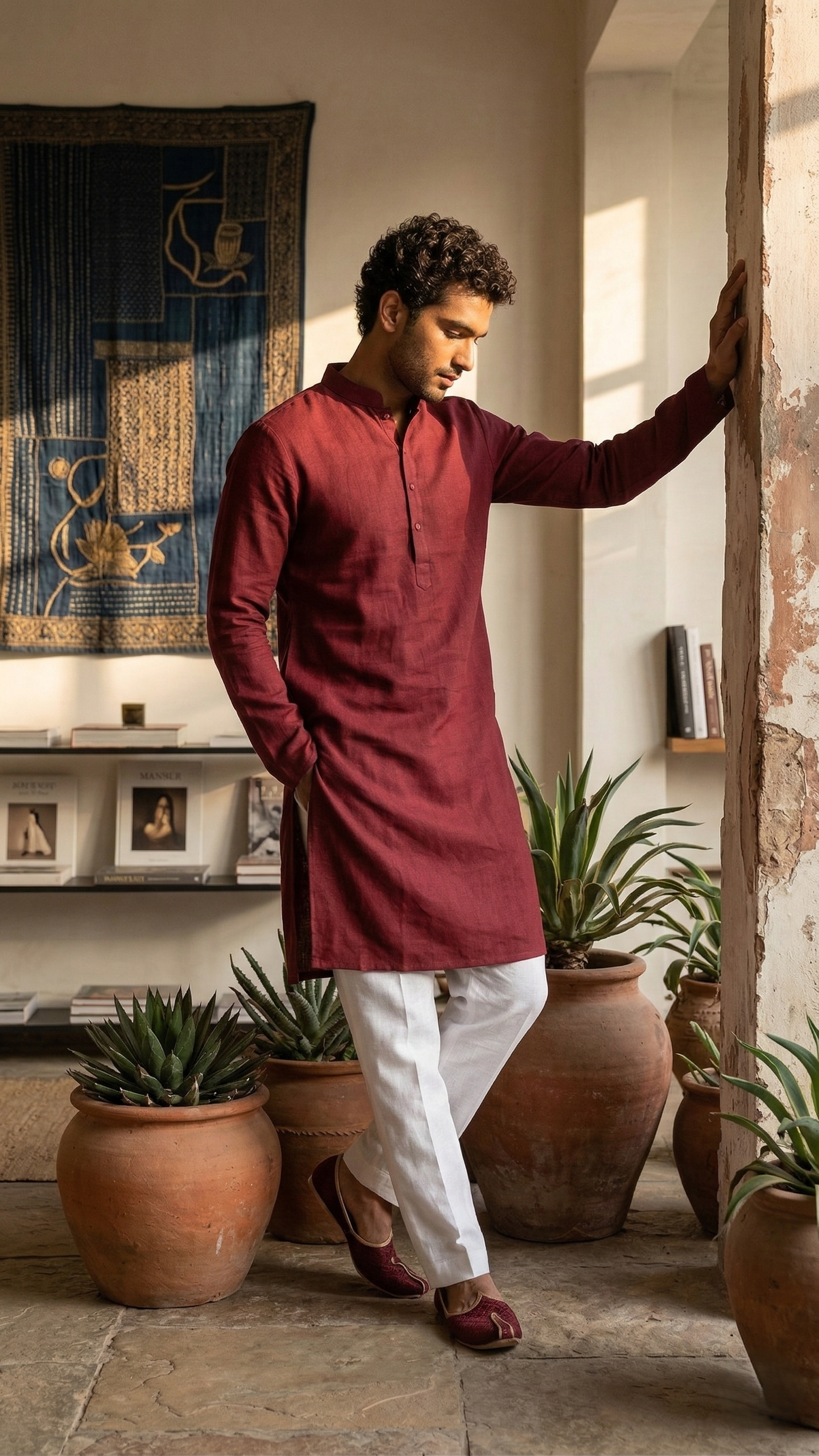 Maroon Linen Kurta