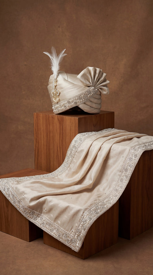 Ivory Pearl-Embellished Groom Safa with Feather Accent