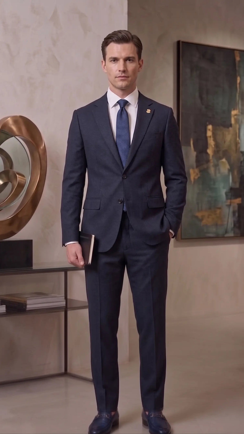 Man in a navy suit standing in an elegant room with a painting and decorative items.