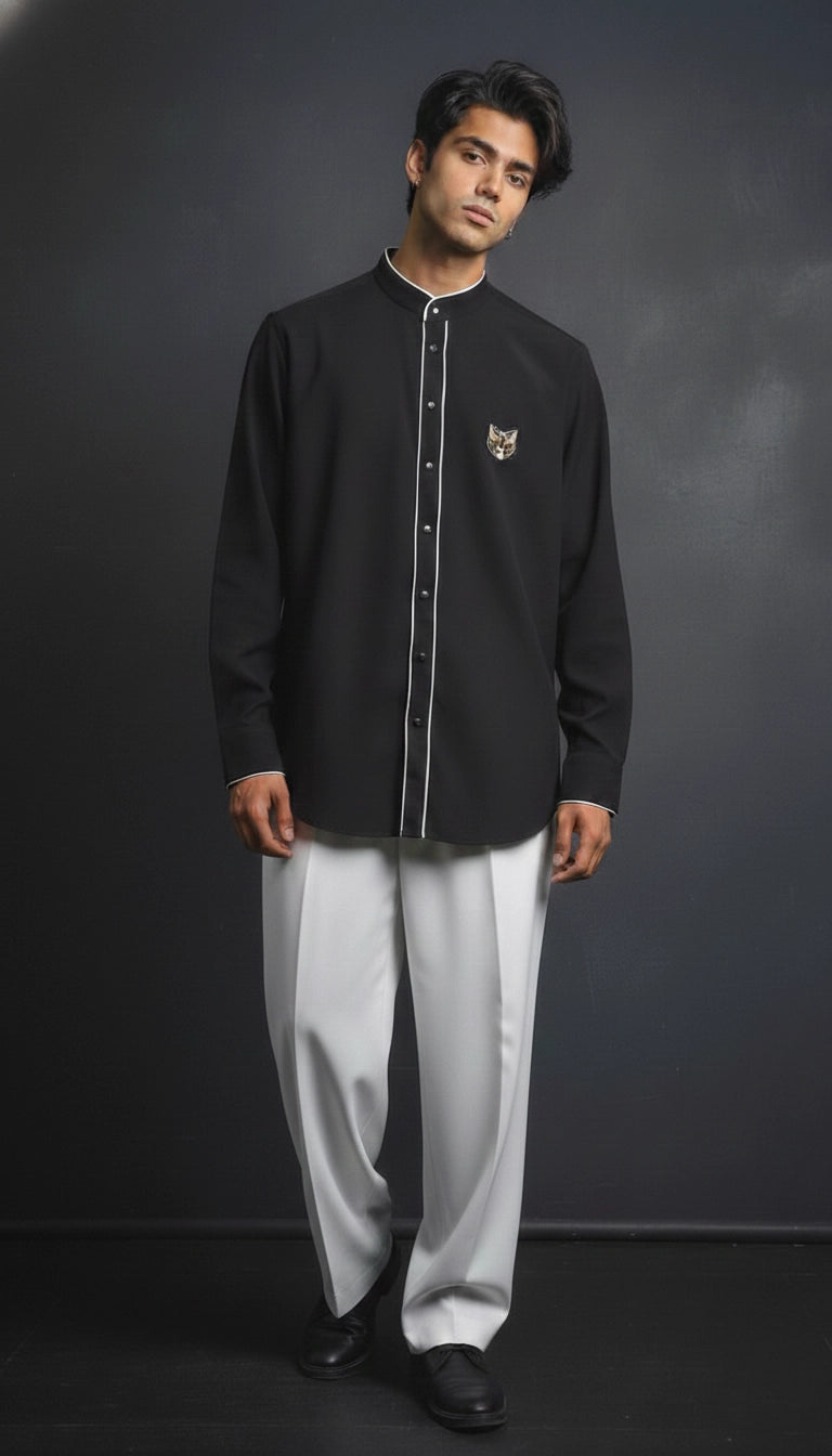 Black Club-Wear Shirt for Men (Contrast Piping, Band Collar) | Dresswala NX