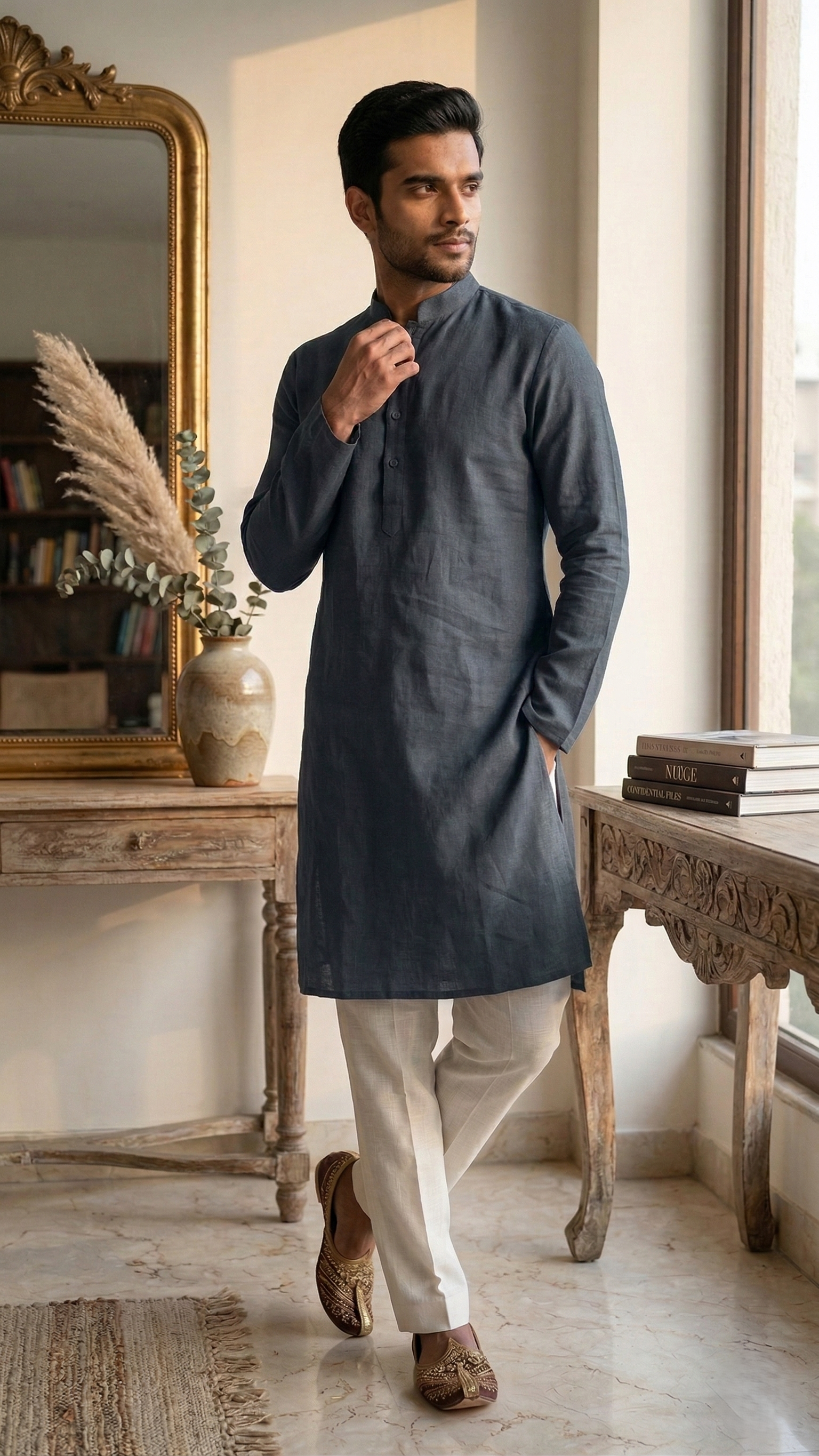 Men’s Steel Grey Linen Kurta | Contemporary Ethnic Wear – Dresswala NX