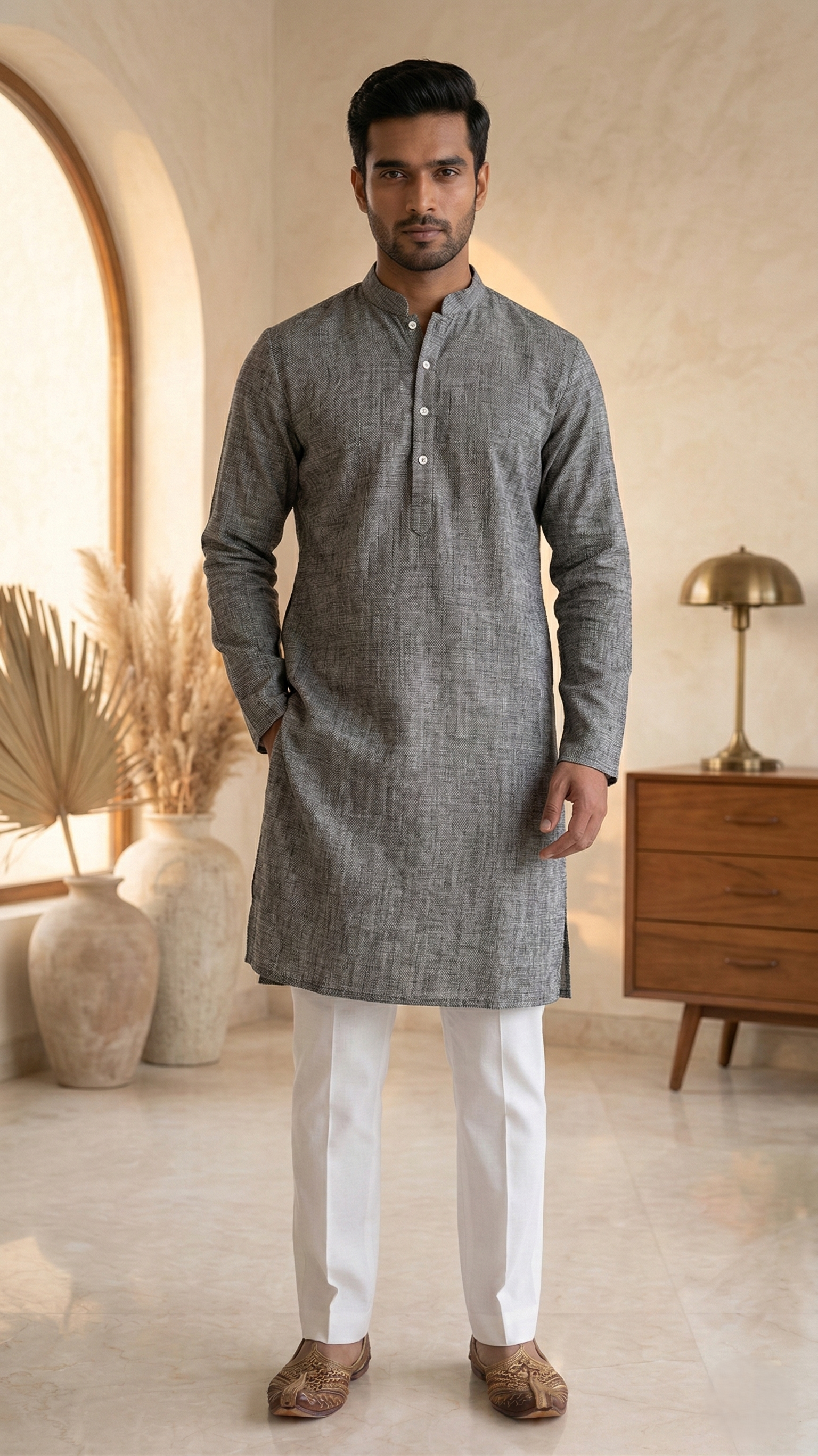 Dark Grey Textured Linen Kurta