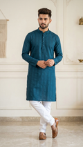 Men’s Teal Blue Textured Cotton Kurta – Slim Fit Mandarin Collar