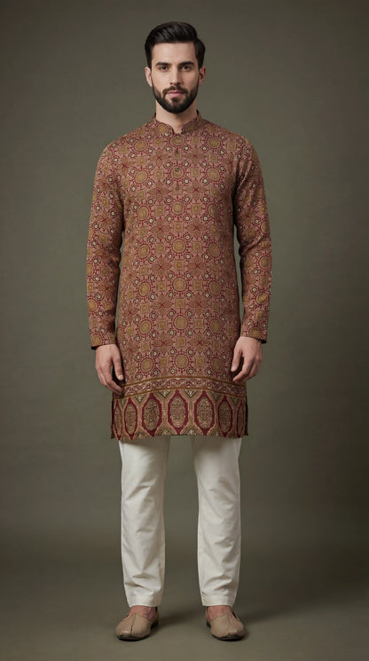 Men’s Maroon Printed Festive Kurta | Dresswala NX