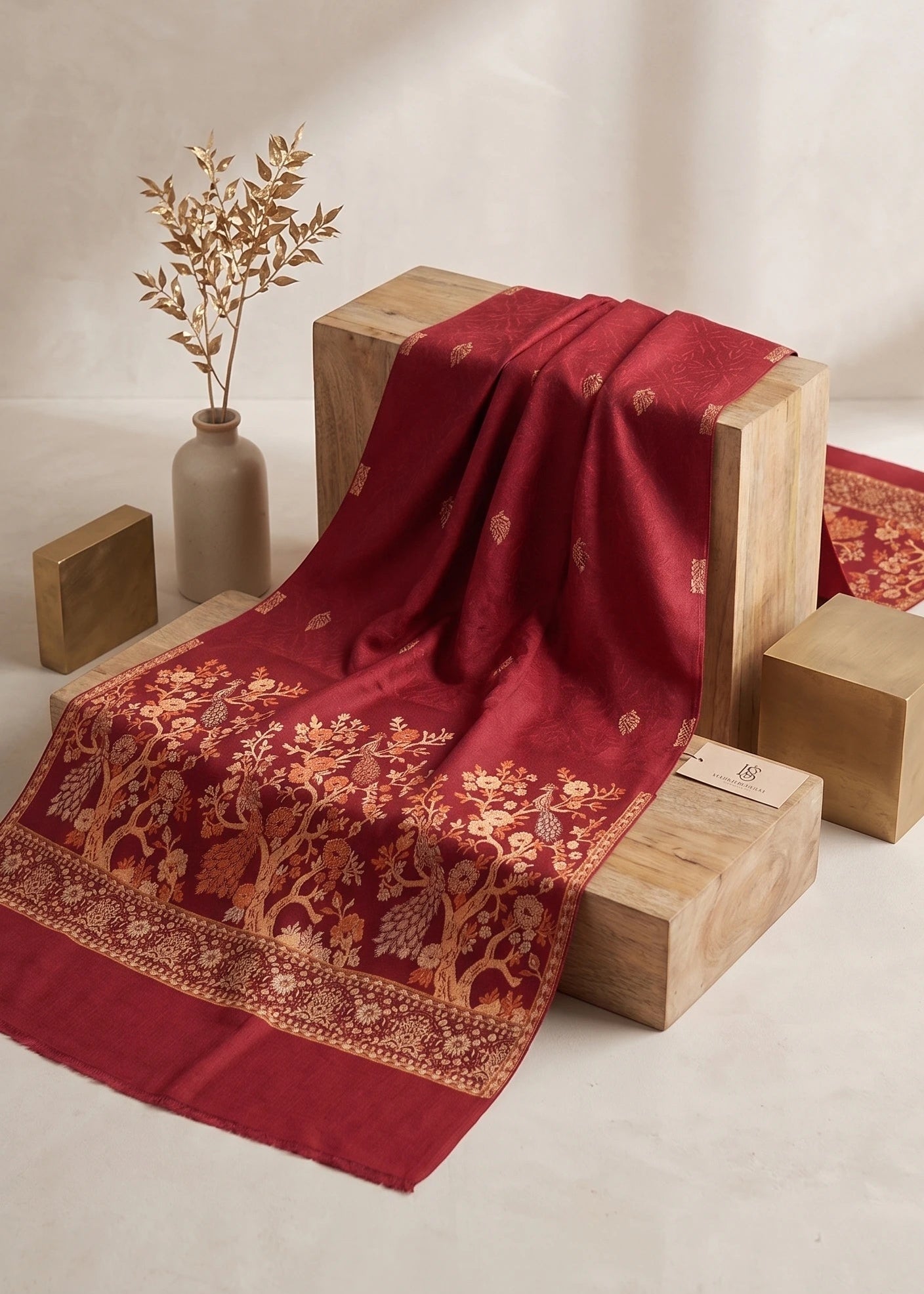 A deep red silk-like fabric with intricate gold floral and geometric patterns draped over wooden blocks, styled with a neutral beige background and a small vase of dried branches.