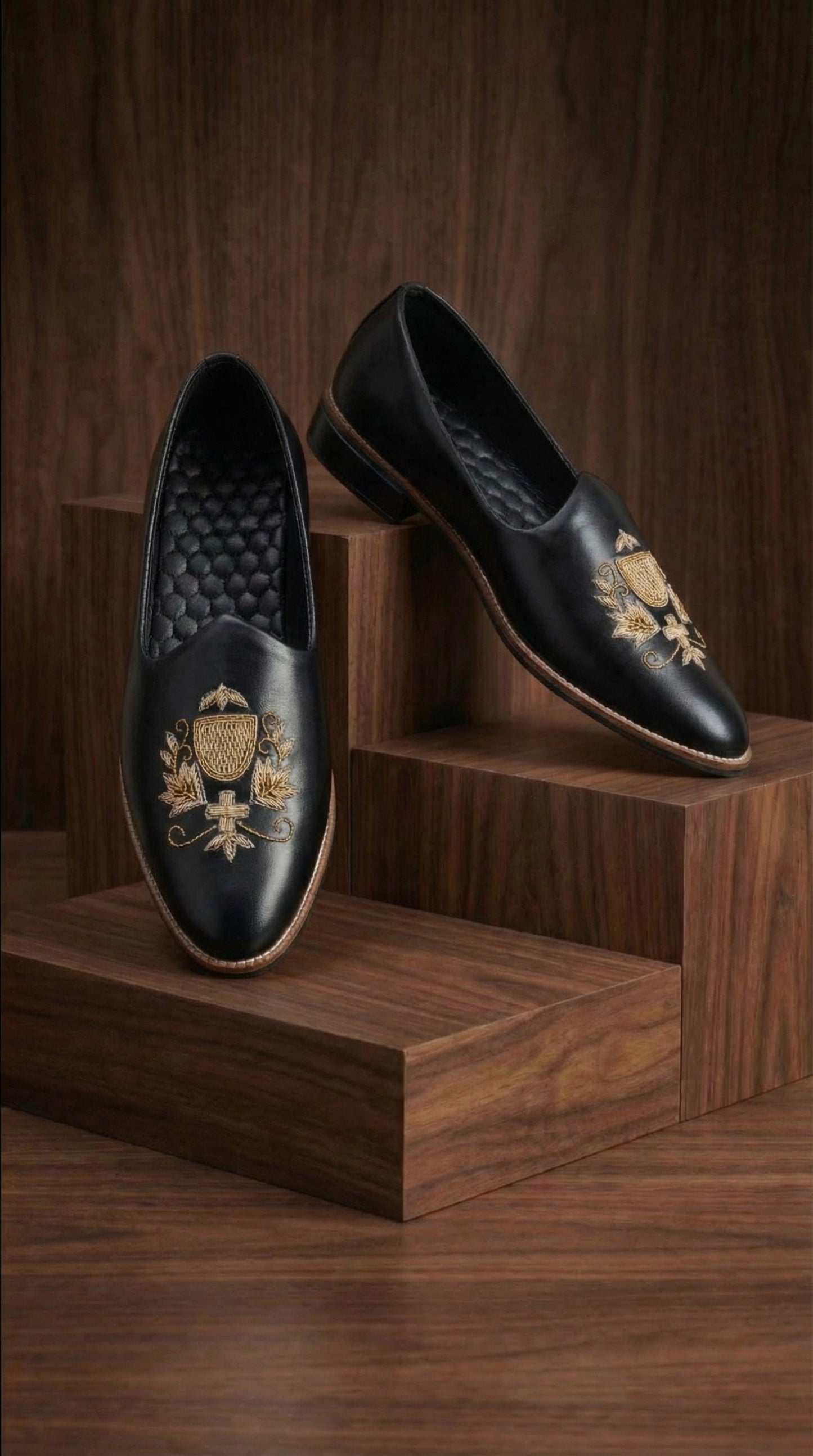 Black Crest Embroidered Mojdi Shoes for Men | Dresswala NX
