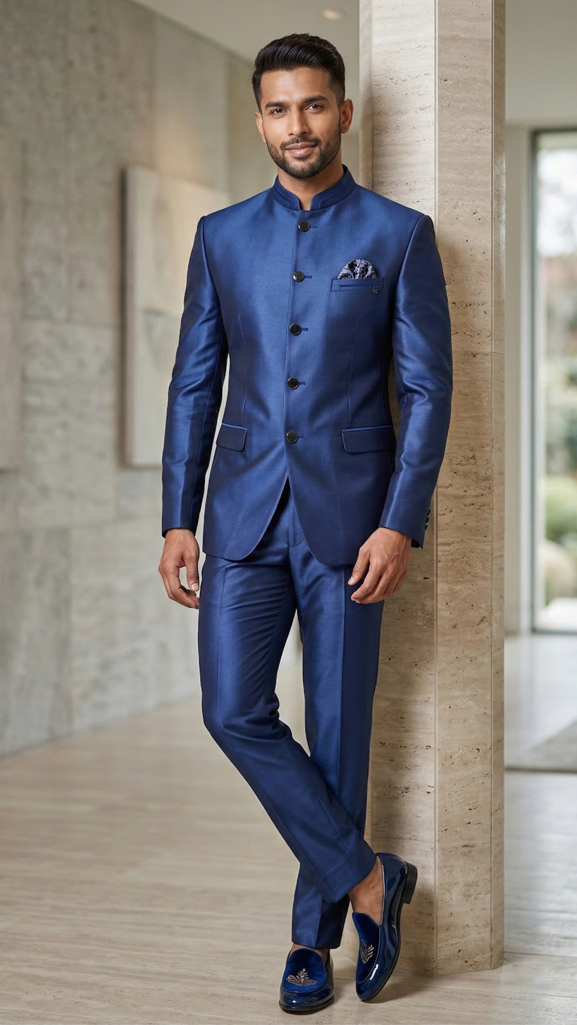 Royal Blue Silk-Finish Jodhpuri Suit – Modern Bandhgala with Designer Pocket Square