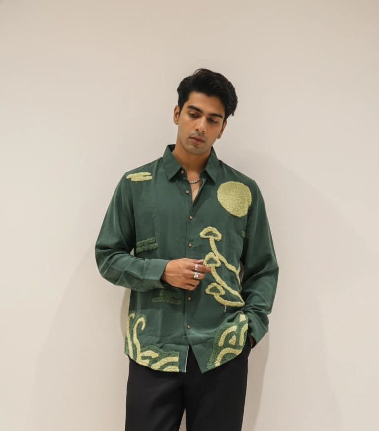 Forest Green Club-Wear Shirt with Abstract Textured Tufted Design | Dresswala NX