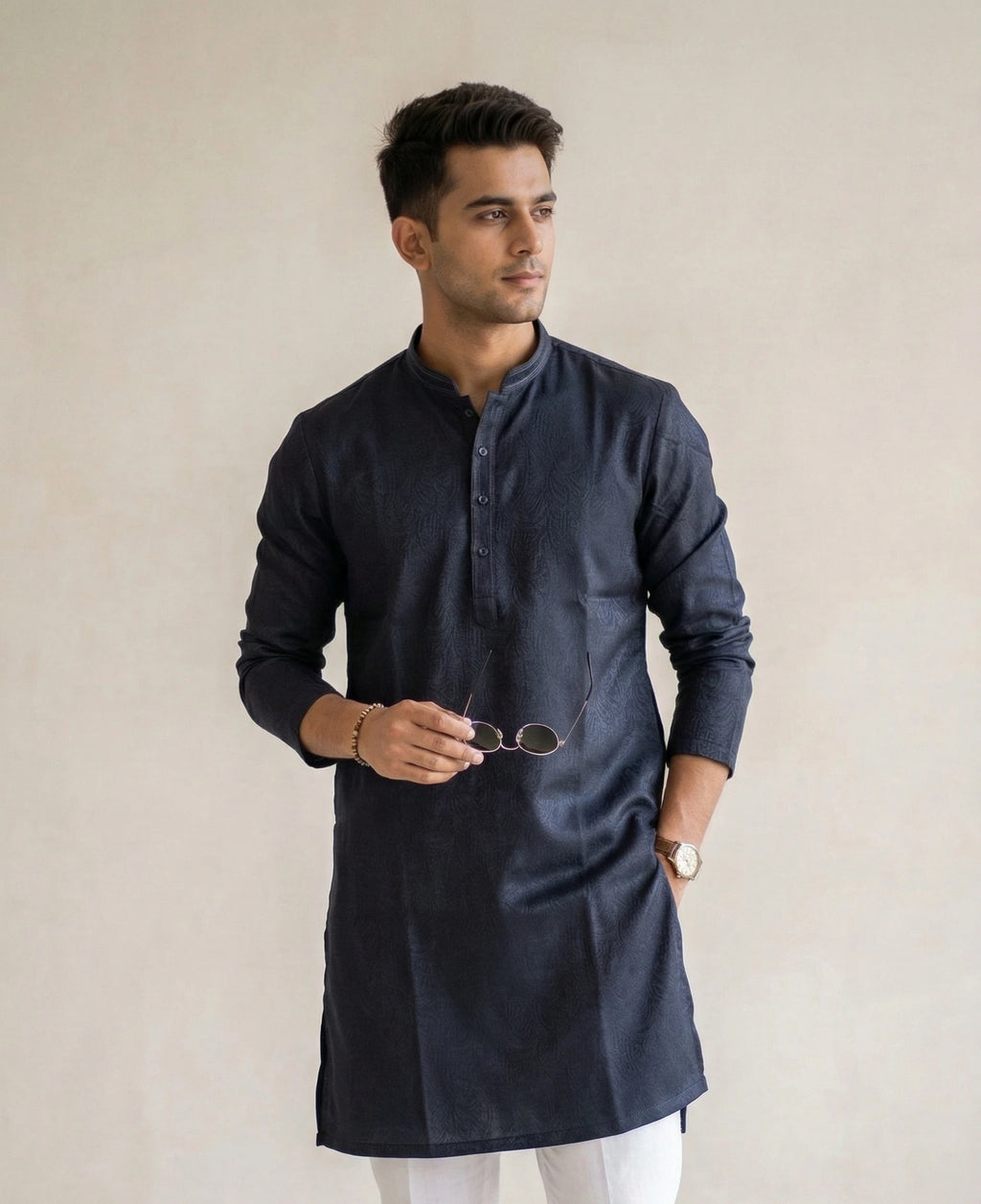 Navy Blue Self-Textured Kurta for Men (Band Collar) | Dresswala NX