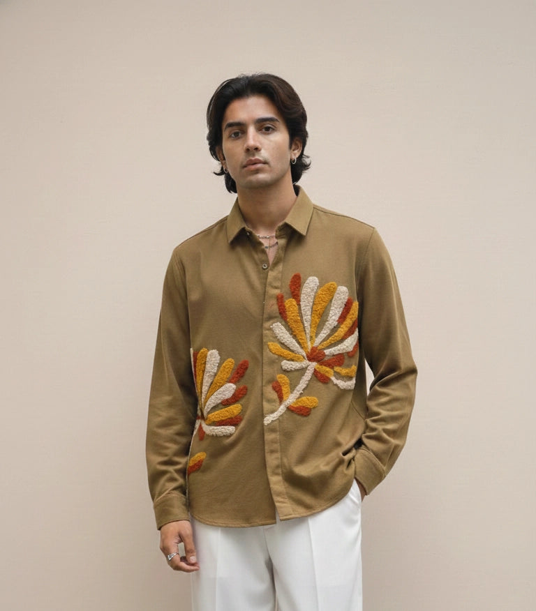 Olive Club-Wear Shirt with Multicolor Textured Floral Appliqué | Dresswala NX