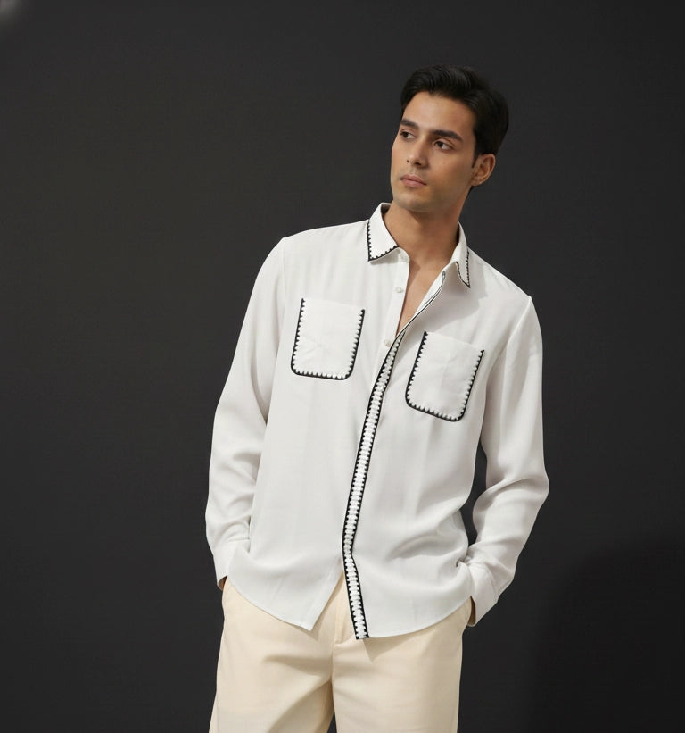 White Club-Wear Shirt with Black Contrast Stitch Detail | Dresswala NX