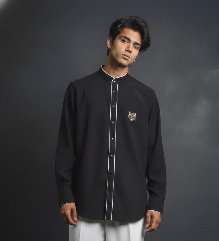 Black Club-Wear Shirt for Men (Contrast Piping, Band Collar) | Dresswala NX