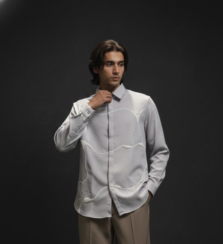 White Club-Wear Shirt with Abstract Textured Cord Design | Dresswala NX
