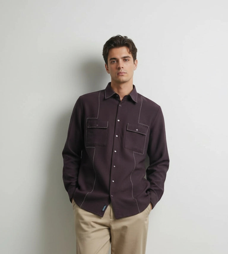 Deep Plum Club-Wear Shirt with Contrast Utility Stitch Detailing | Dresswala NX