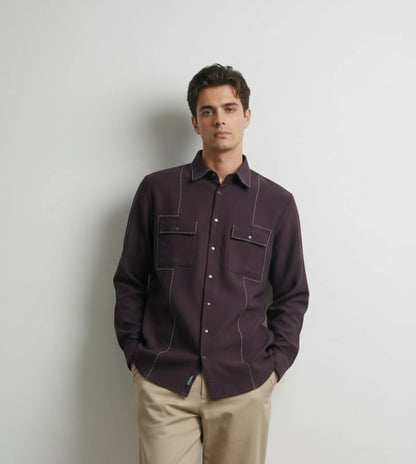 Deep Plum Club-Wear Shirt with Contrast Utility Stitch Detailing | Dresswala NX