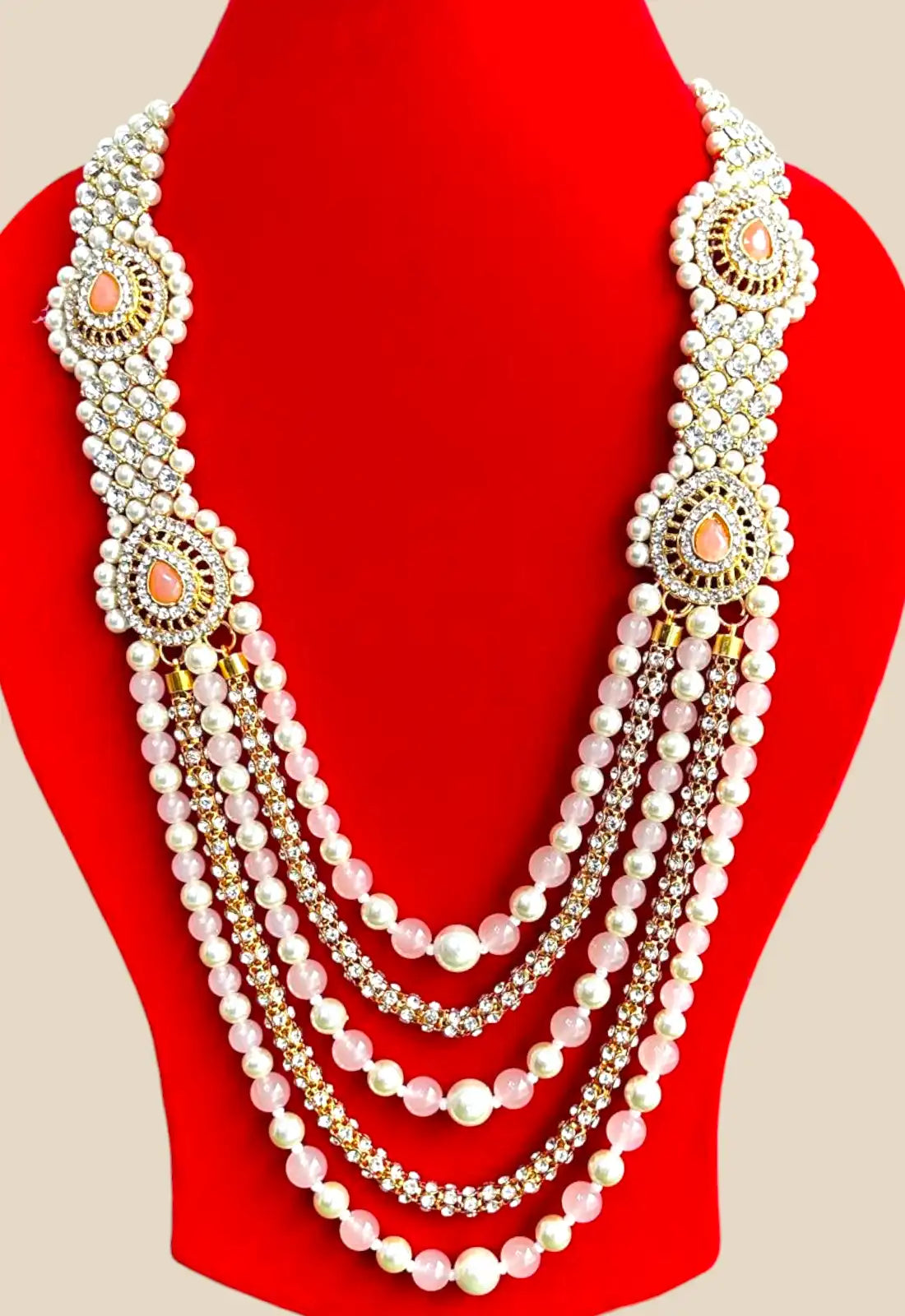 Layered Pearl & Kundan Necklace with Peach Stone Accents