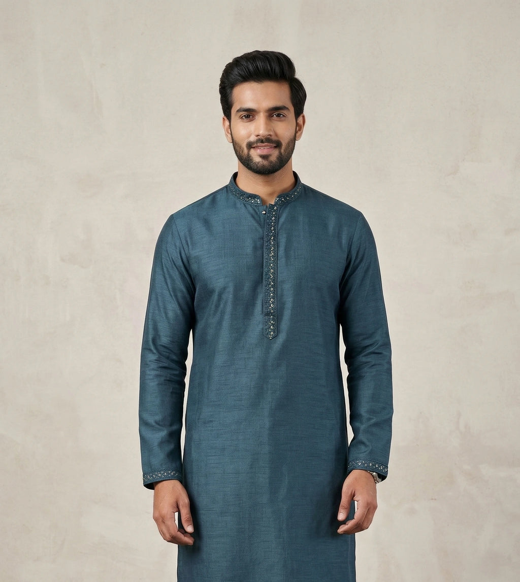 Teal Blue Kurta for Men with Embroidered Placket | Dresswala NX