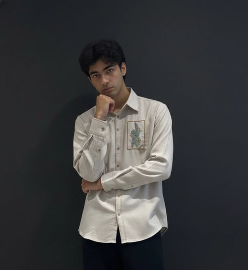 Beige Club-Wear Shirt for Men (Embroidered Patch Detail) | Dresswala NX