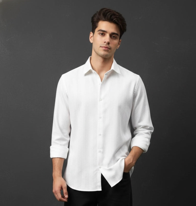 White Club-Wear Shirt for Men (Textured Full Sleeve) | Dresswala NX